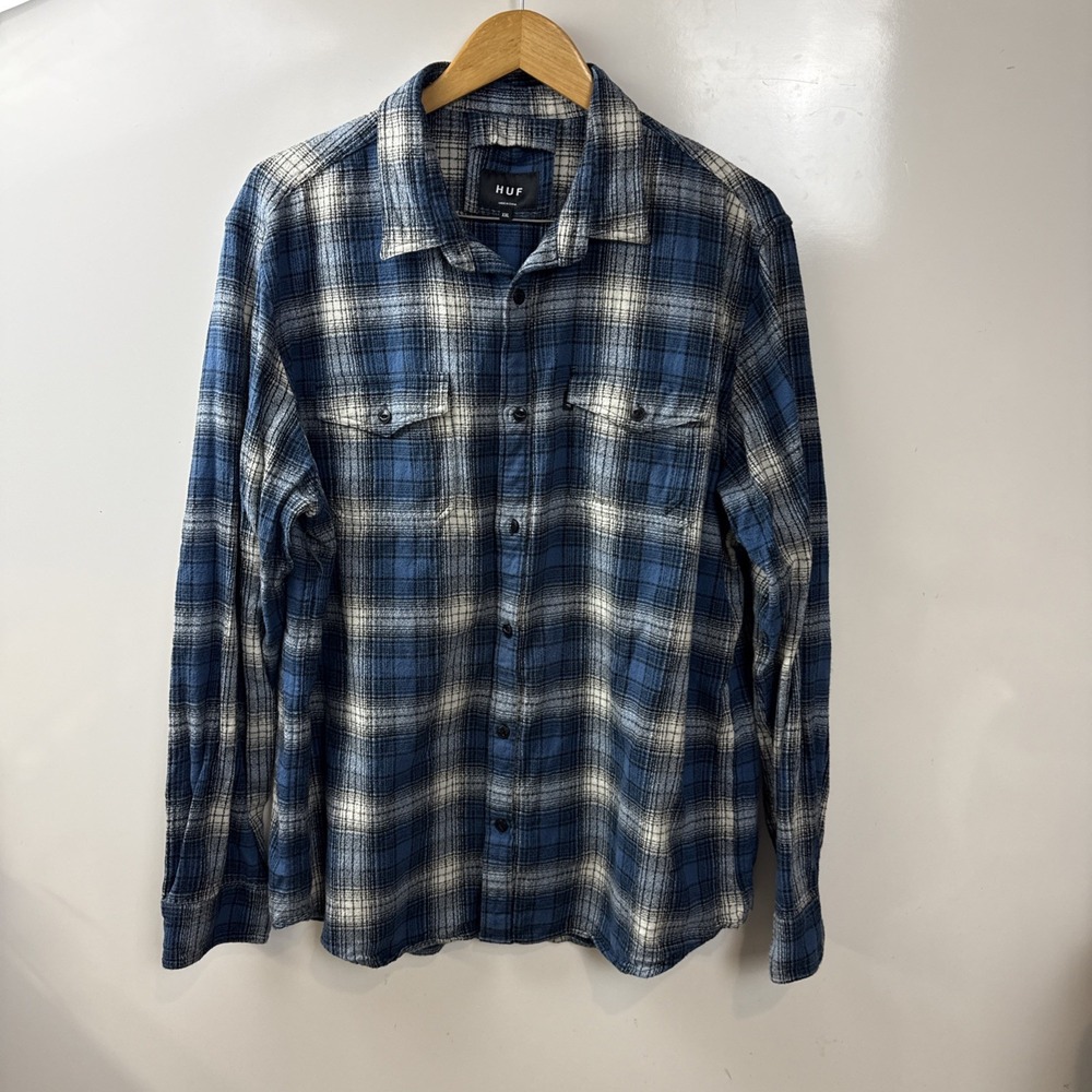 Huf SAYULITA Blue Black Cream Plaid Flannel Long Sleeve 100% Cotton  Men's Shirt